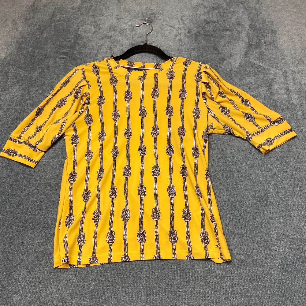 Tommy Hilfiger Top Womens Medium Yellow Rope Print Crew Neck 3/4 Sleeve Pullover